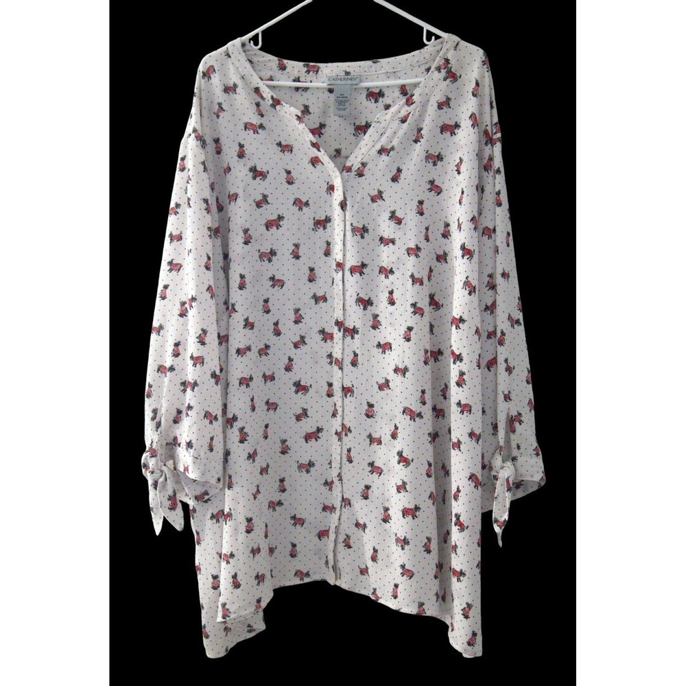 CATHERINES Plus Sz 5X Top Dotted Novelty Print Scottie Dogs Blouse Preppy